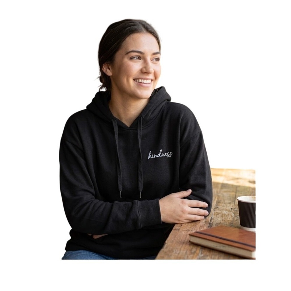 Love Streak Embroidered Kindness Hoodie Sweatshirt Black Fleece Long Sleeve S